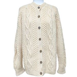Fisherman Sweater Cardigan Off White Cream Heavy Cable Wood Buttons Unbranded
